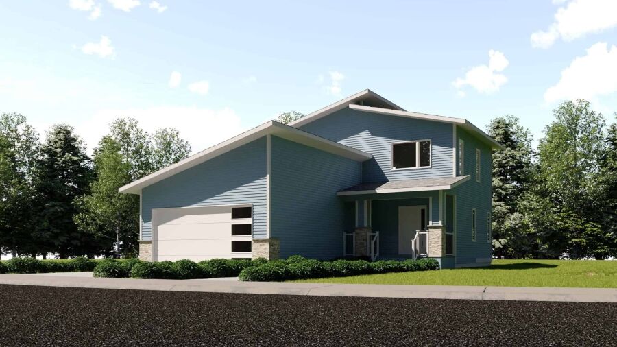 Modern blue two-story home with front porch and attached garage, surrounded by lush greenery.