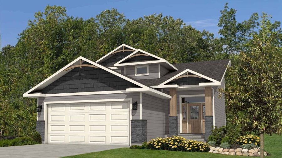 Modern suburban home with gray siding, stone accents, and a manicured lawn.